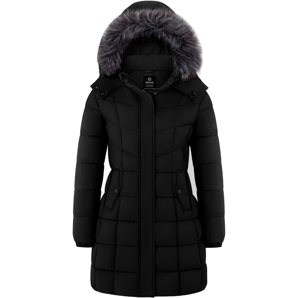 Women's Puffer Jacket Coat Black Lightweight Windproof Winter Faux Fur Design
